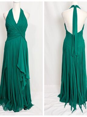 Vintage Y2K BCBGMaxazria 100% Silk Green Halter Backless Evening Gown